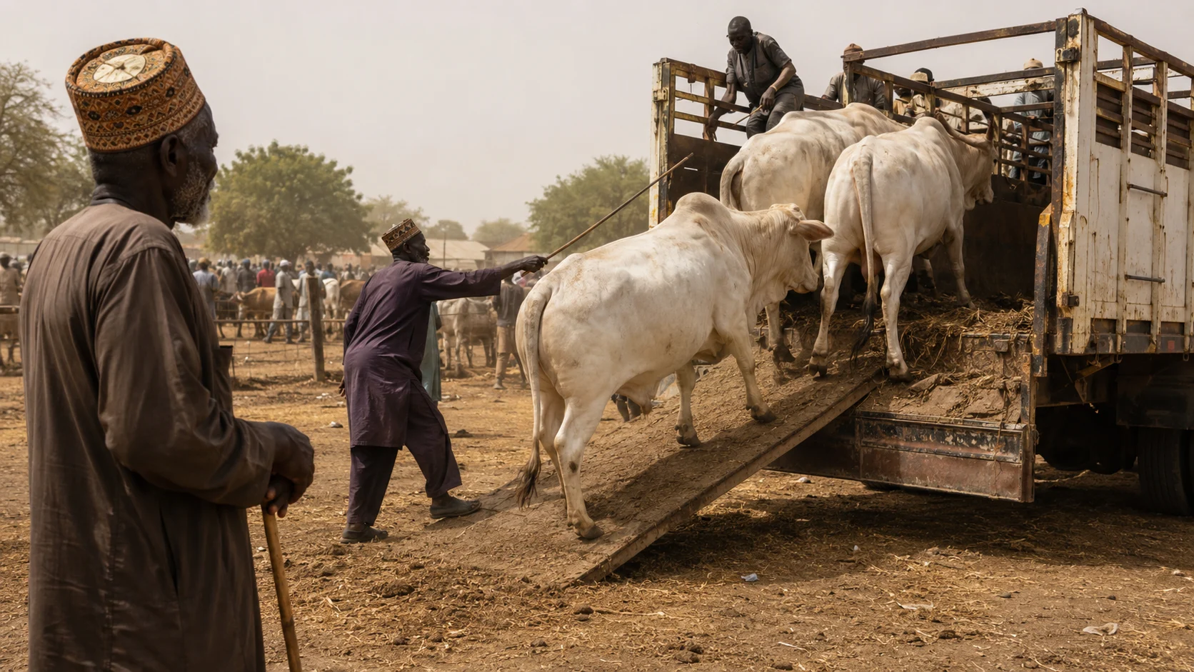 Thin cattle being loaded onto a truck at a rural African market during dry season