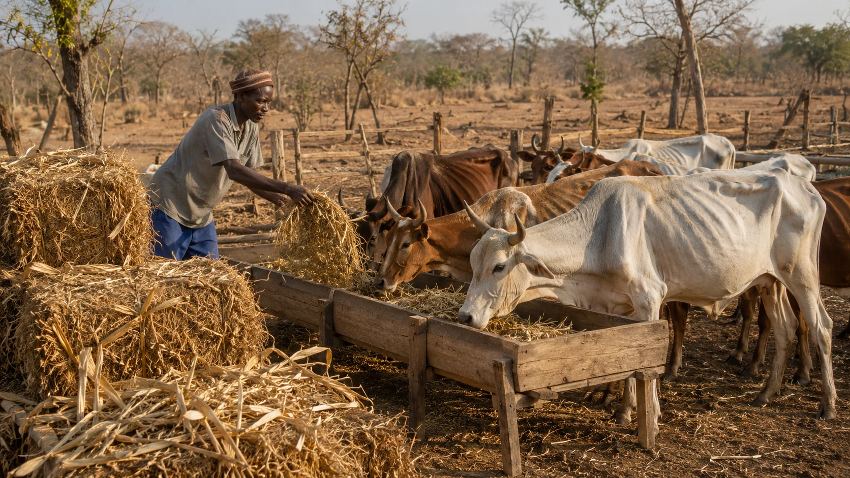 An African farmer hand-feeding hay and crop residues to cattle in a dry-season pen