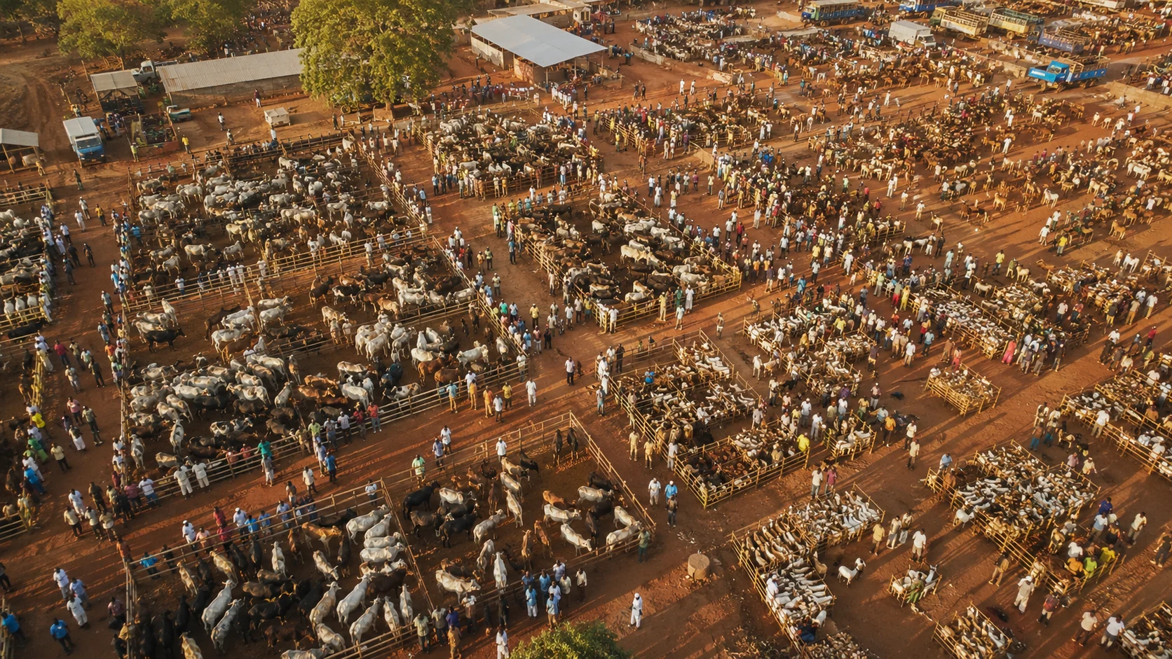 Aerial view of a busy West African livestock market during peak Eid trading