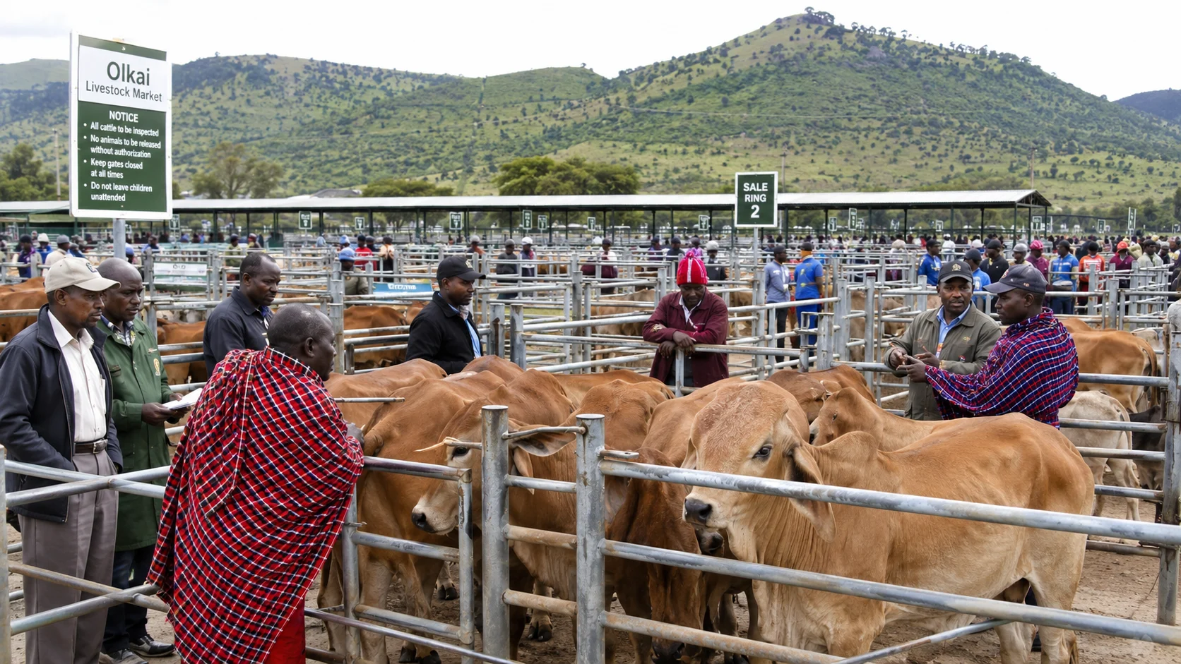 A Kenyan livestock market with Boran cattle in pens and Maasai and Kikuyu traders negotiating