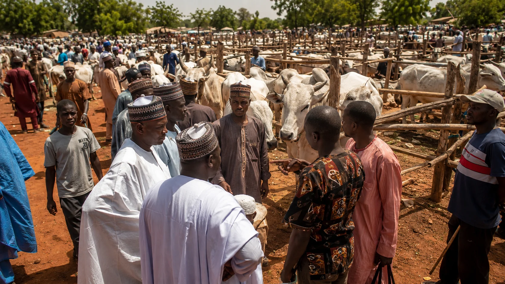 The bustling Kara cattle market in Ogun State, Nigeria, with White Fulani cattle and traders bargaining