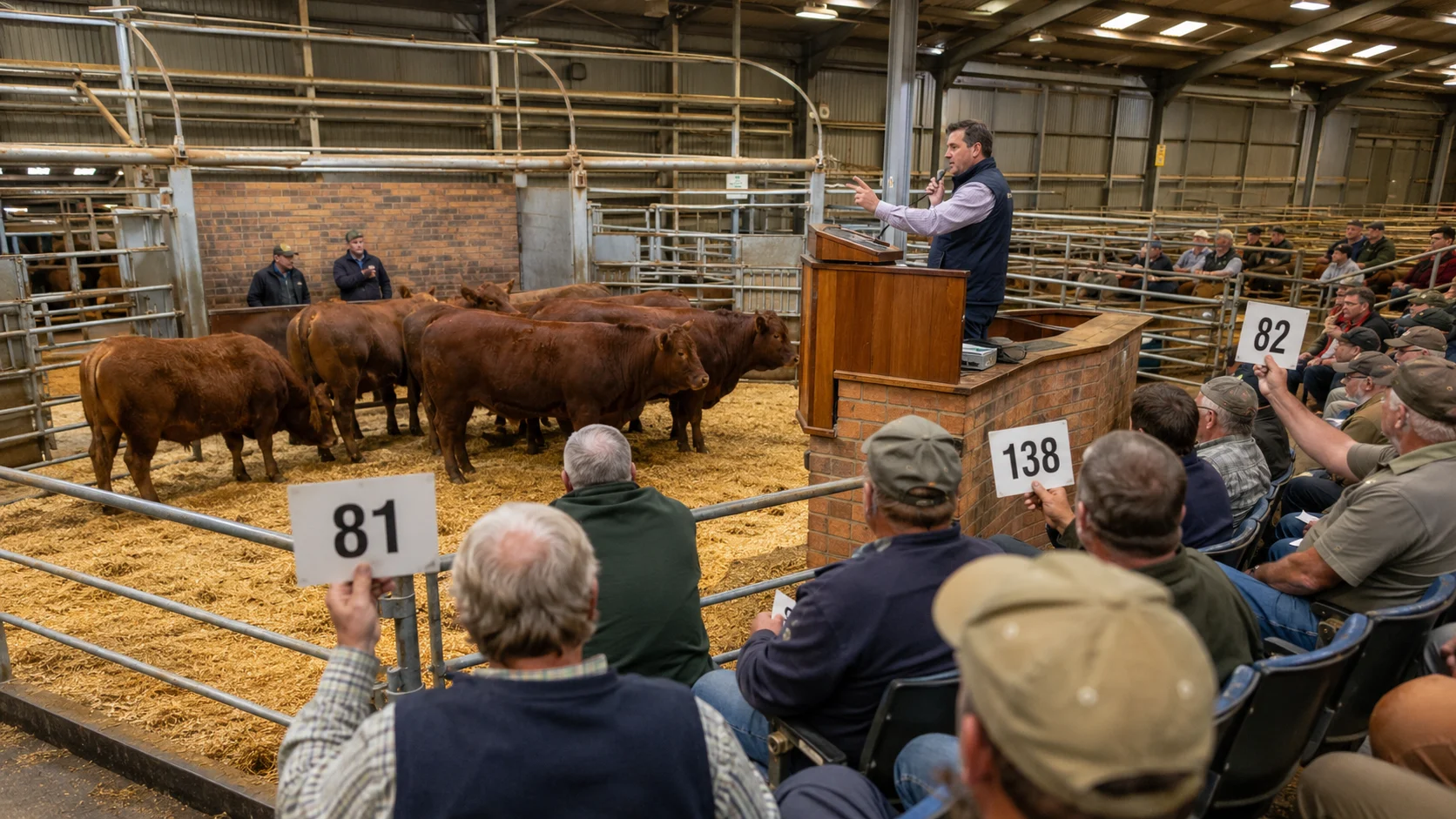 A formal South African livestock auction inside a covered ring with Bonsmara cattle and farmers holding paddles