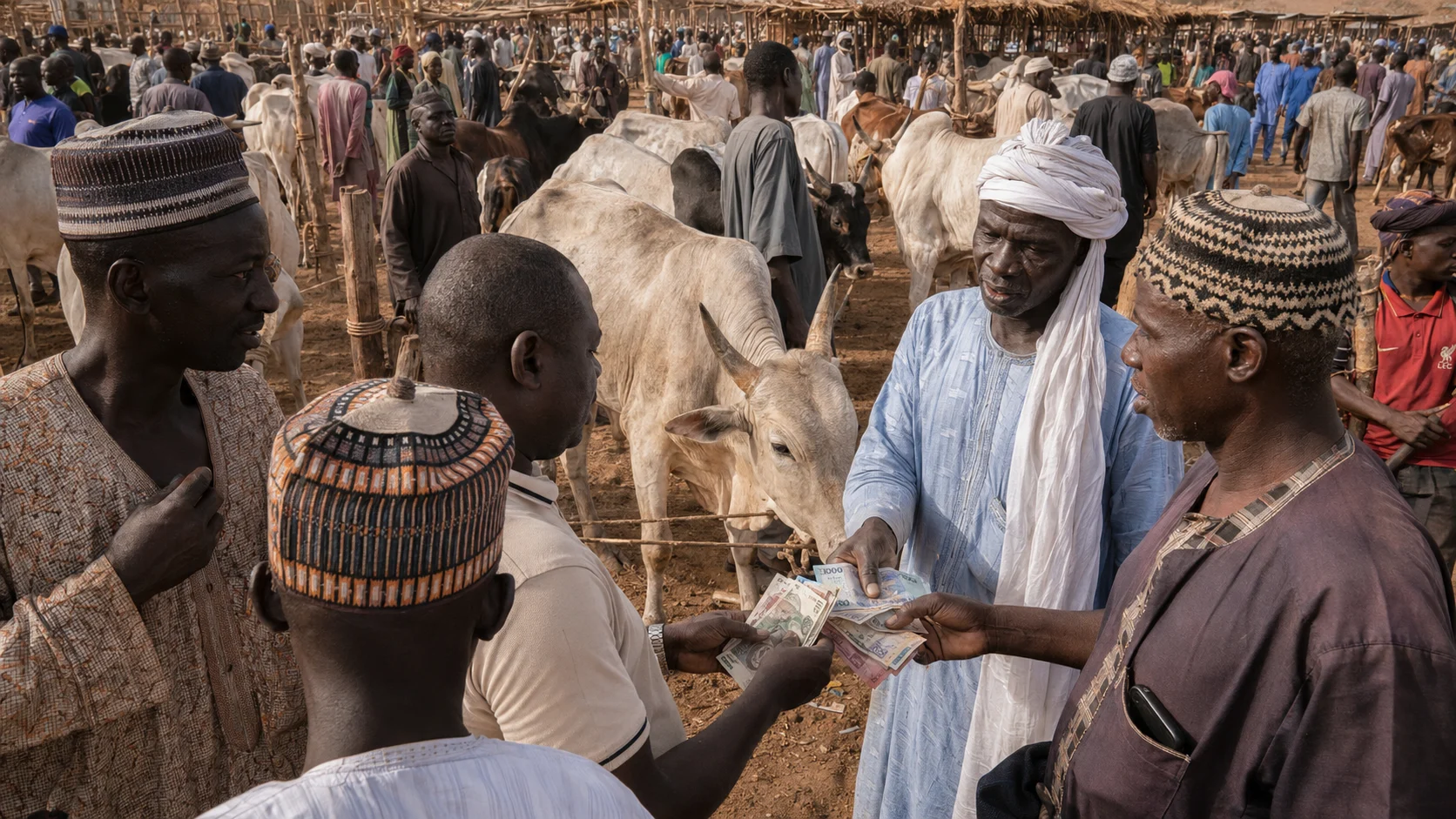 A border-area livestock market between Niger and Nigeria with cattle and currency exchange
