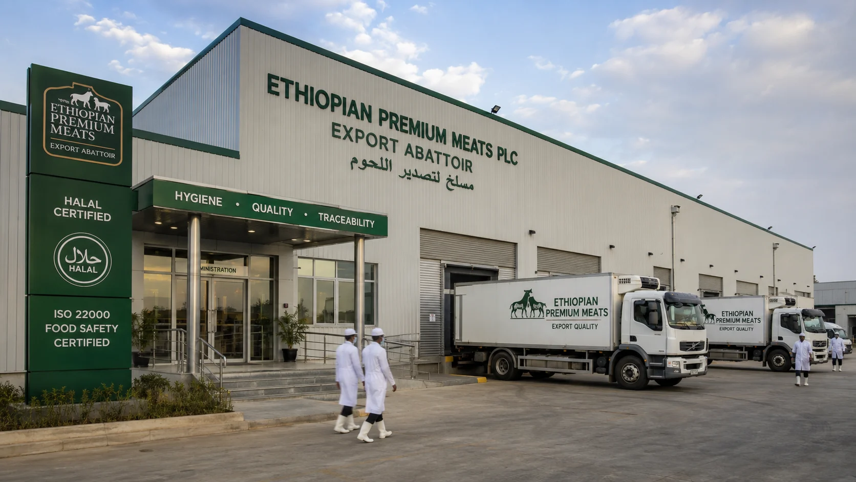 An Ethiopian export abattoir with refrigerated trucks and halal certification signage