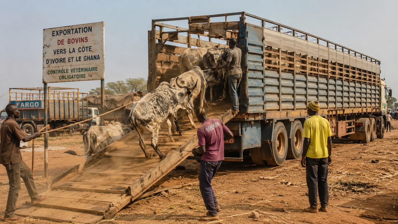 Cattle being loaded onto a transport truck in Burkina Faso bound for the coast